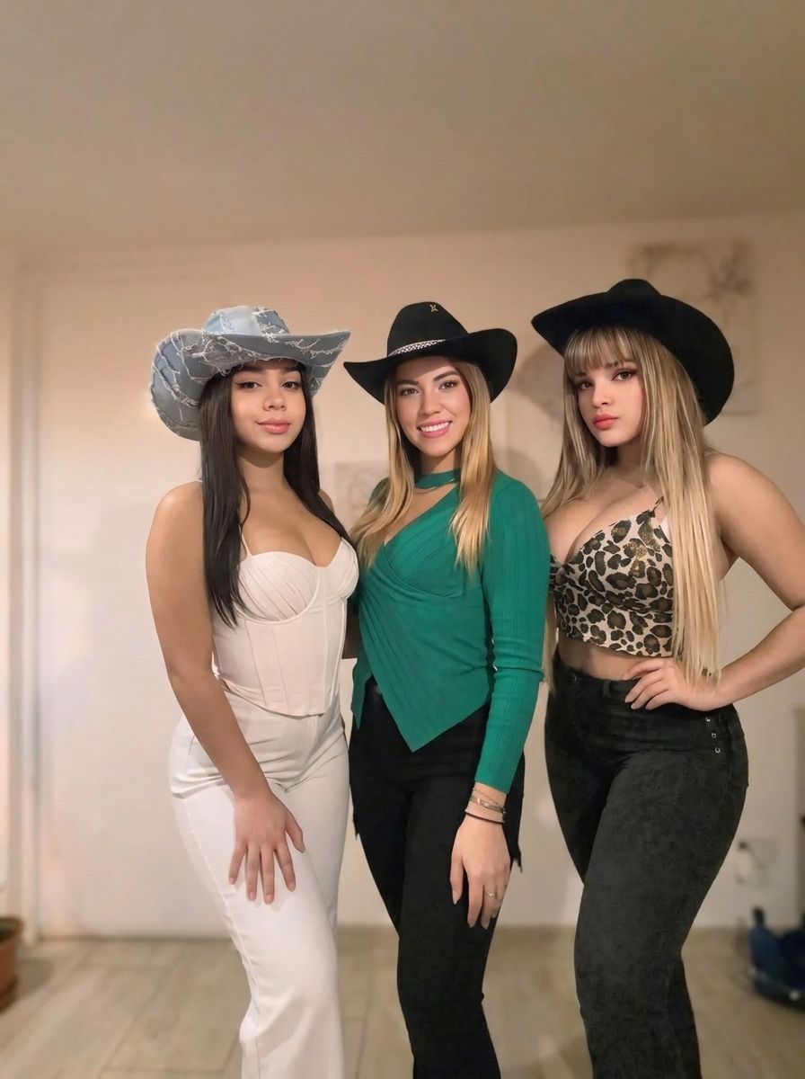 Las tres integrantes de Reinas Latinas con sus sombreros vaqueros